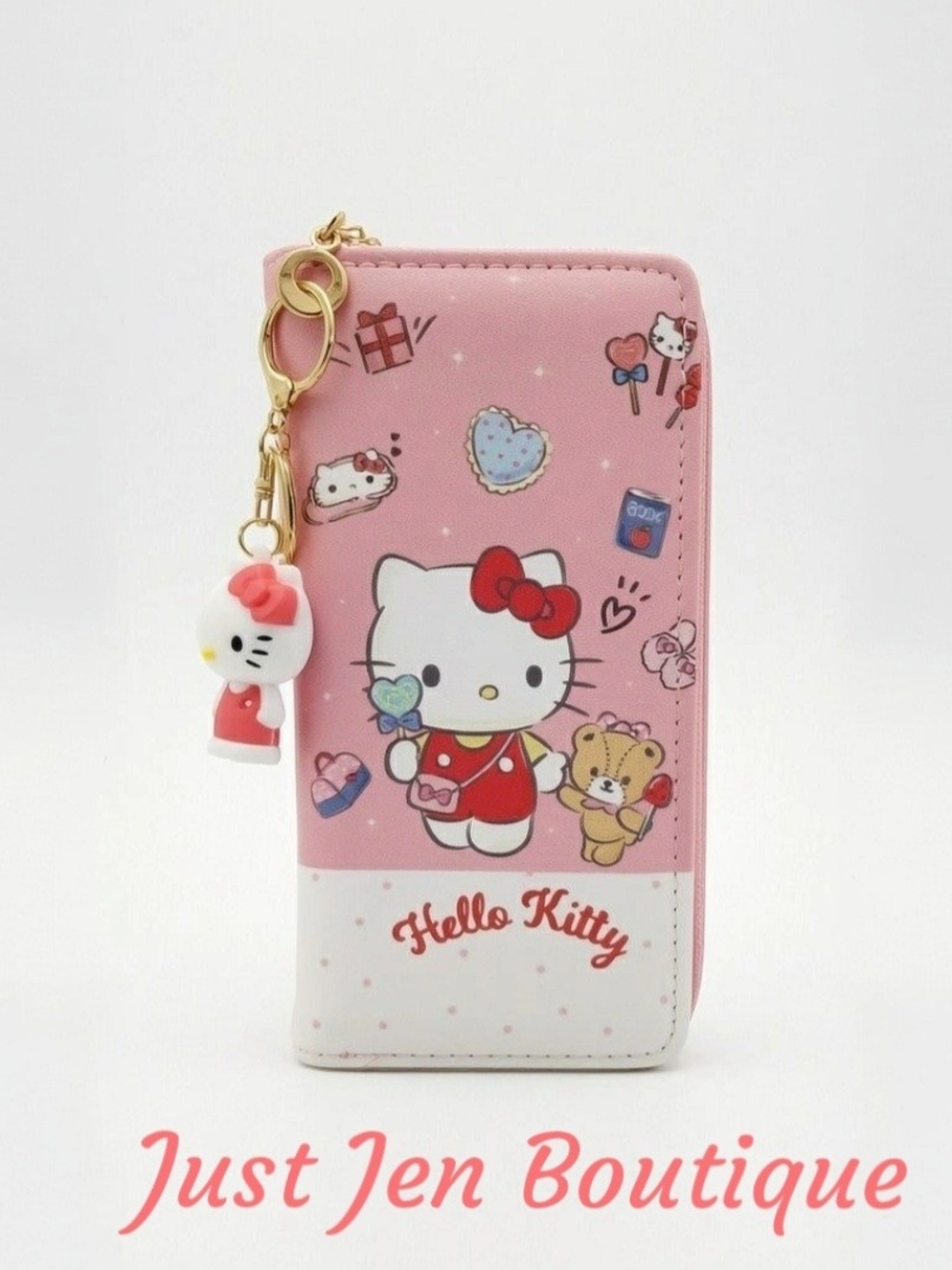 Hello Kitty Pink Zipper Wristlet Wallet with Hello Kitty Keychain- Vegan Leather - Picture 2 of 10